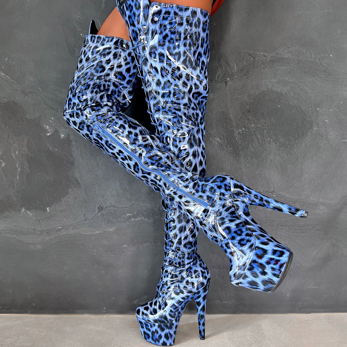 Blue Leopard Thigh High - 7 INCH + SP, stripper shoe, stripper heel, pole heel, not a pleaser, platform, dancer, pole dance, floor work