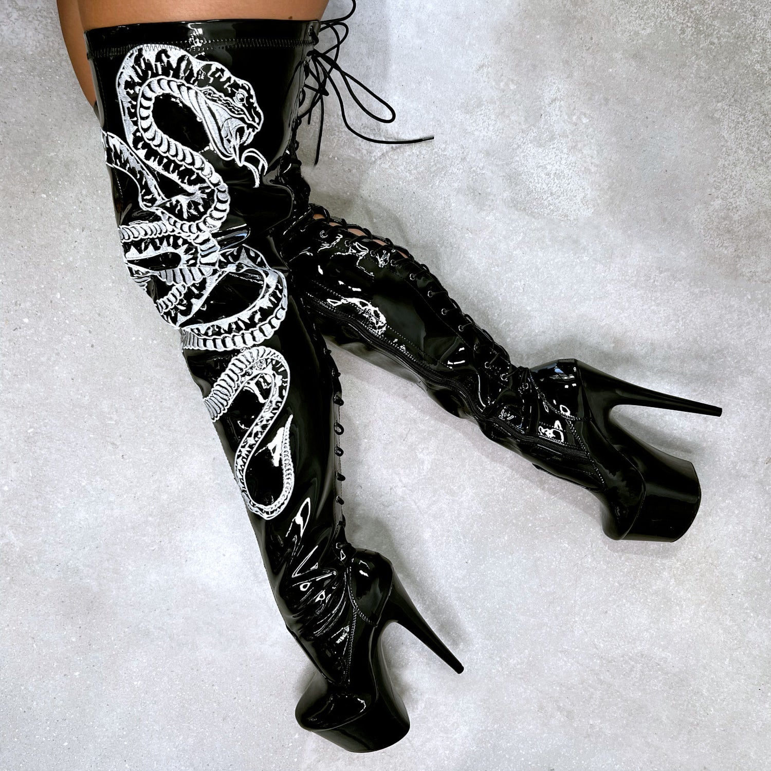 Black Glossy Lace Up Thigh High Boots