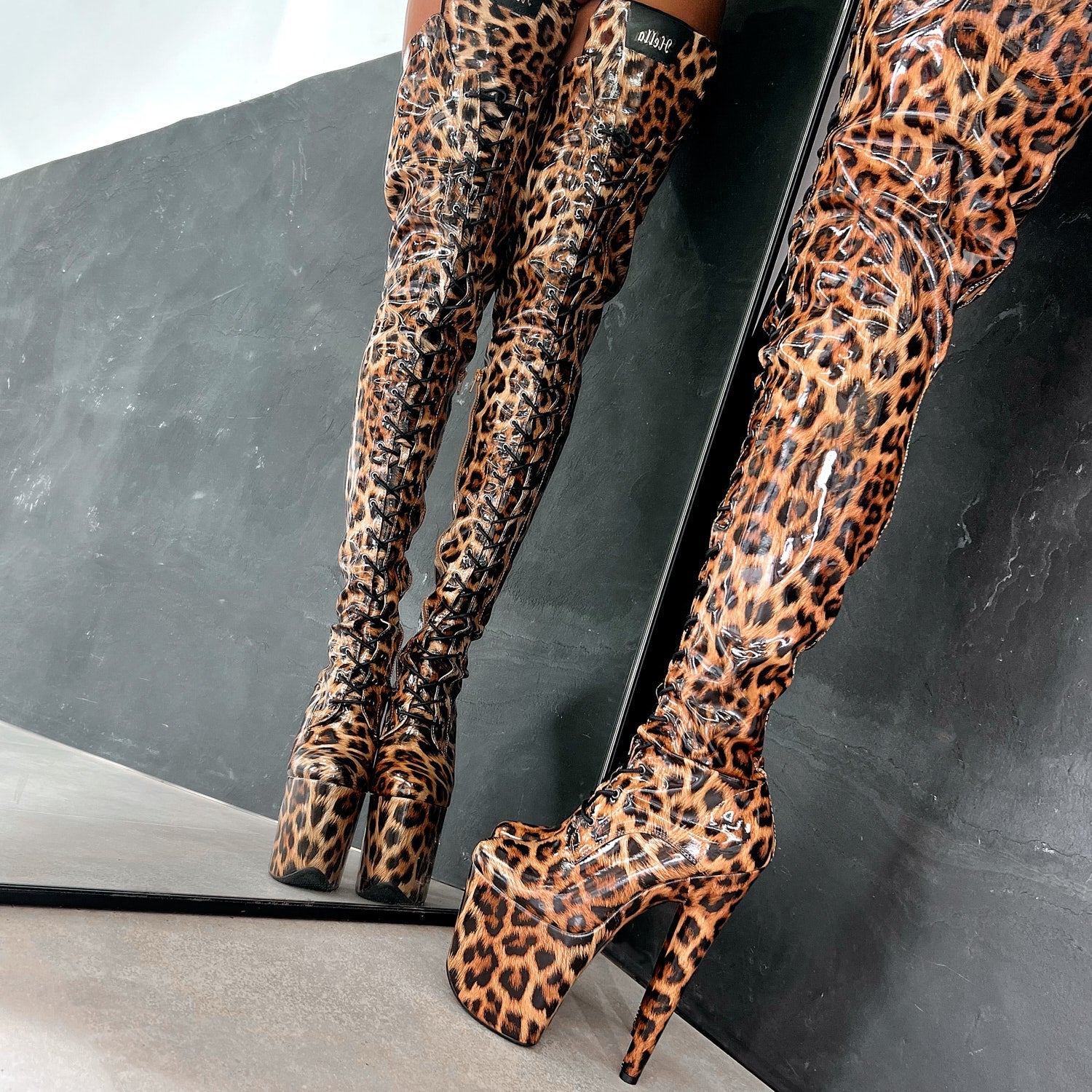 Leopard Thigh High - 8 INCH + SP, stripper shoe, stripper heel, pole heel, not a pleaser, platform, dancer, pole dance, floor work