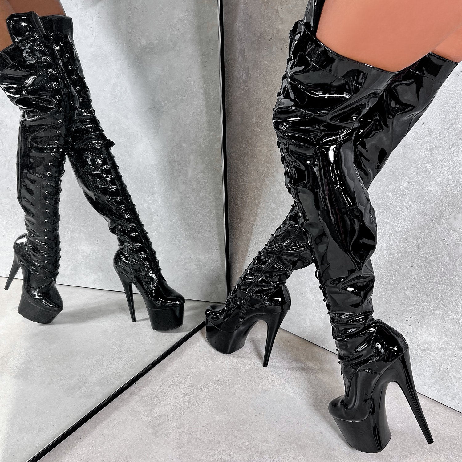 Thigh High Front Lace - Black Beatle - 7 INCH, stripper shoe, stripper heel, pole heel, not a pleaser, platform, dancer, pole dance, floor work