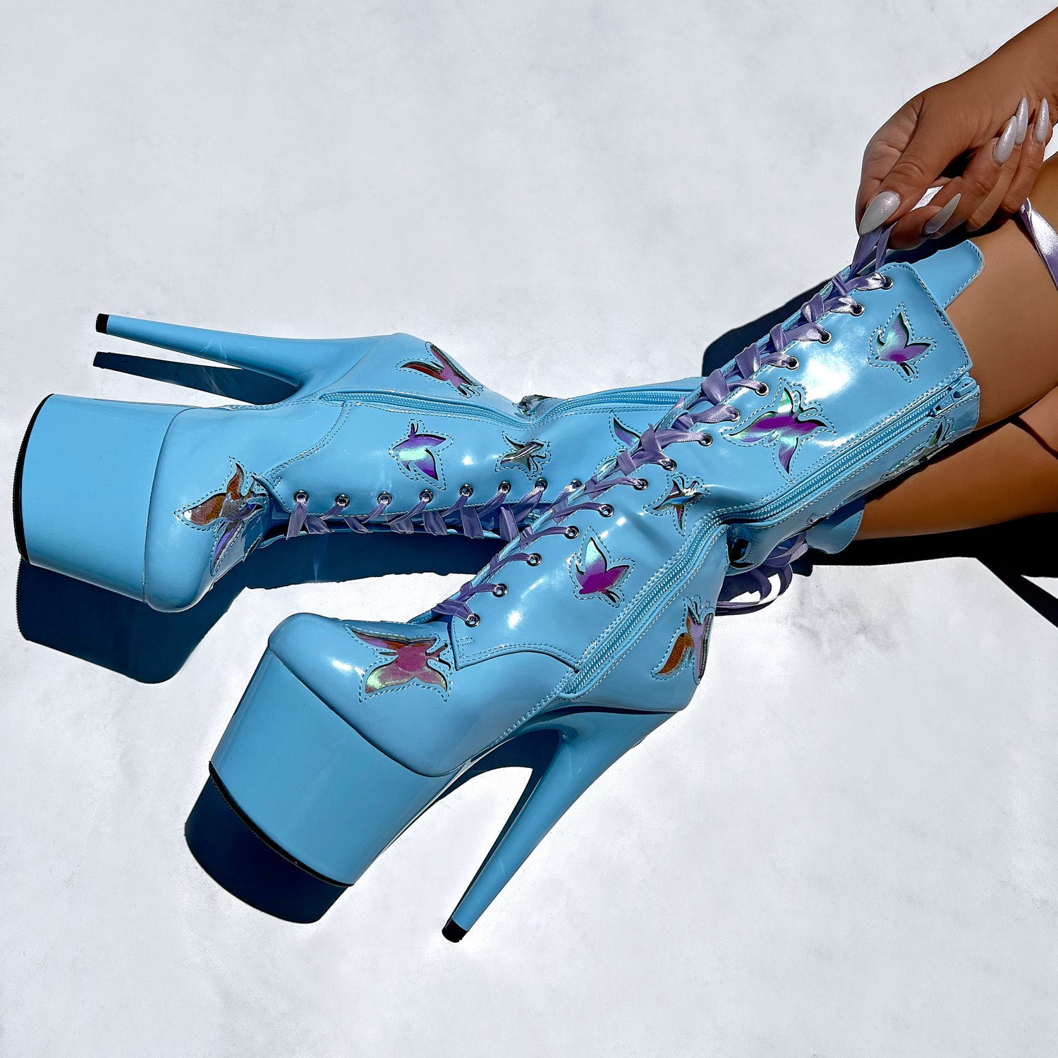 Butterfly Boot - Blue - 8 INCH, stripper shoe, stripper heel, pole heel, not a pleaser, platform, dancer, pole dance, floor work