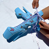 Side view of Butterfly Boot - Blue - 8 INCH with purple laces