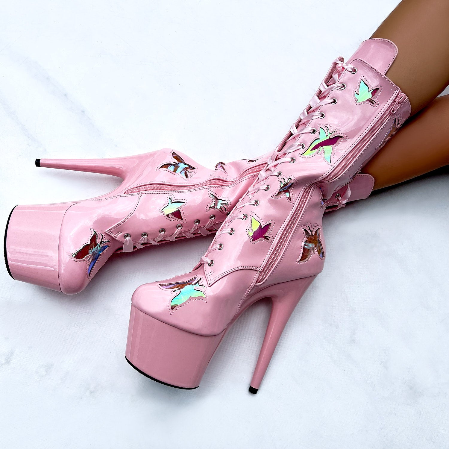 Butterfly Boot - Pink - 8 INCH, stripper shoe, stripper heel, pole heel, not a pleaser, platform, dancer, pole dance, floor work