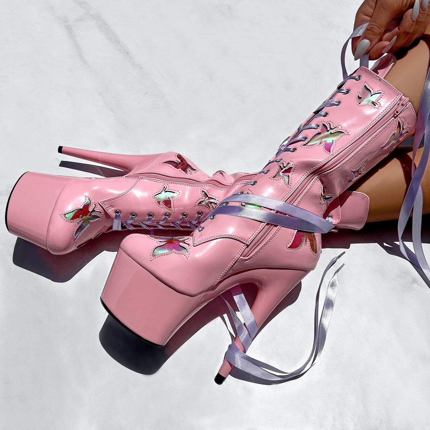 Butterfly Boot - Pink - 8 INCH, stripper shoe, stripper heel, pole heel, not a pleaser, platform, dancer, pole dance, floor work