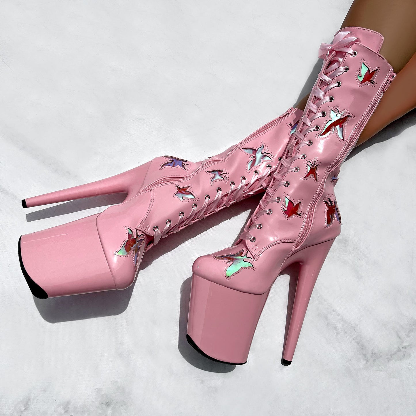 high heel boots pink