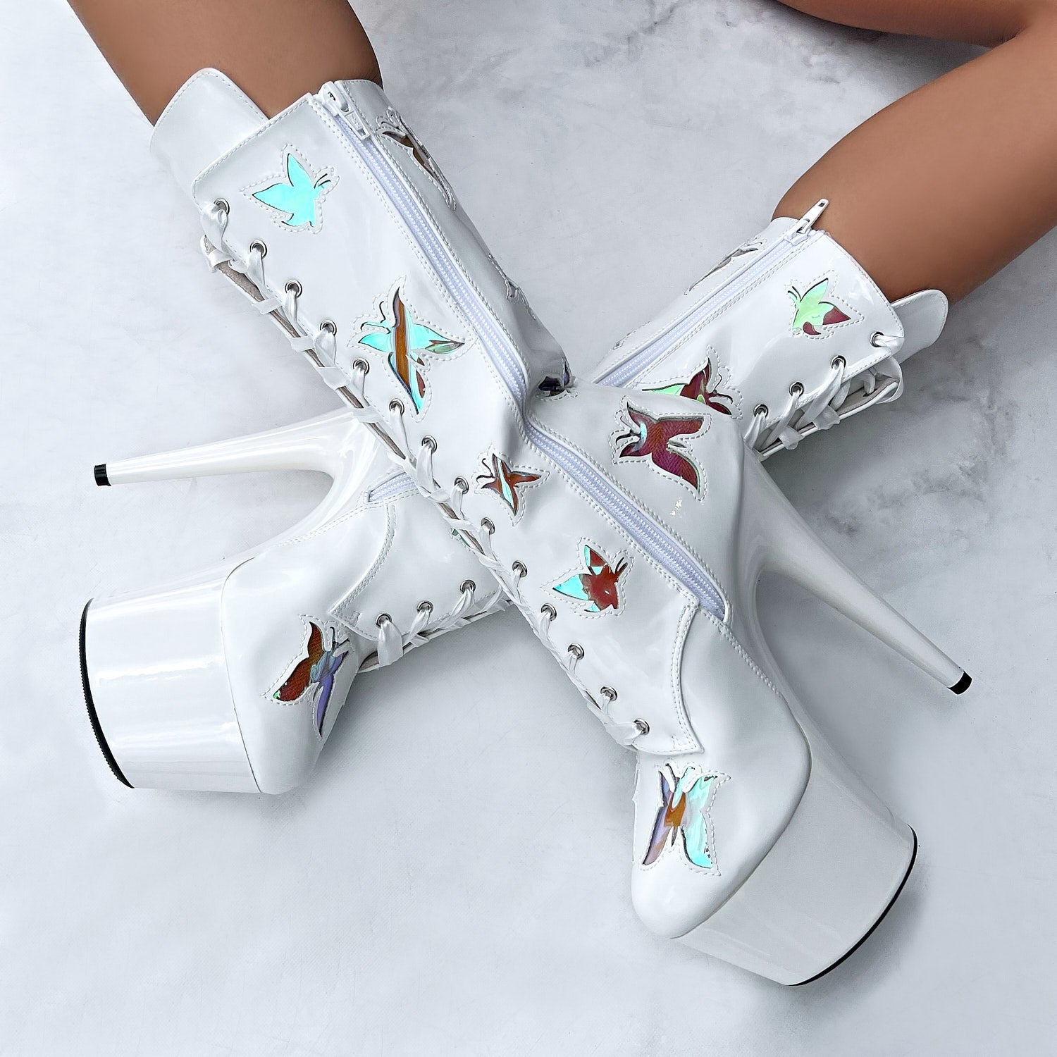Butterfly Boot - White - 8 INCH, stripper shoe, stripper heel, pole heel, not a pleaser, platform, dancer, pole dance, floor work