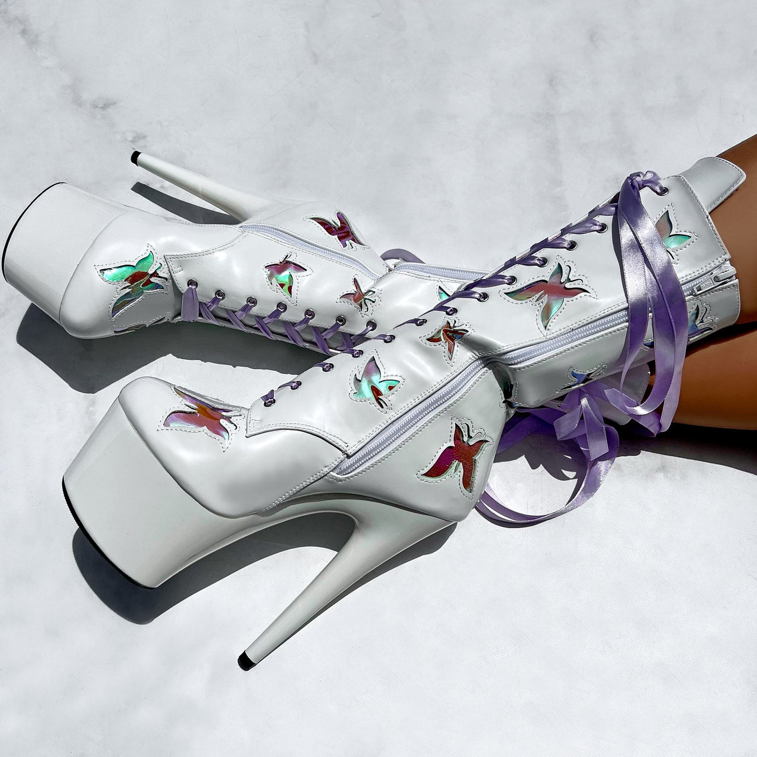 Butterfly Boot - White - 8 INCH, stripper shoe, stripper heel, pole heel, not a pleaser, platform, dancer, pole dance, floor work