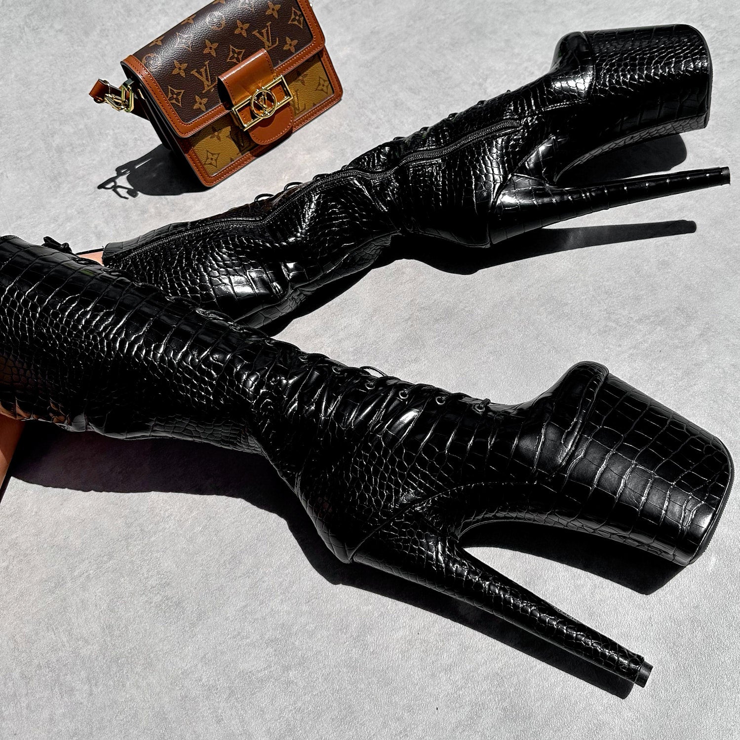 Cold Blooded Black - Knee Boot - 8INCH, stripper shoe, stripper heel, pole heel, not a pleaser, platform, dancer, pole dance, floor work