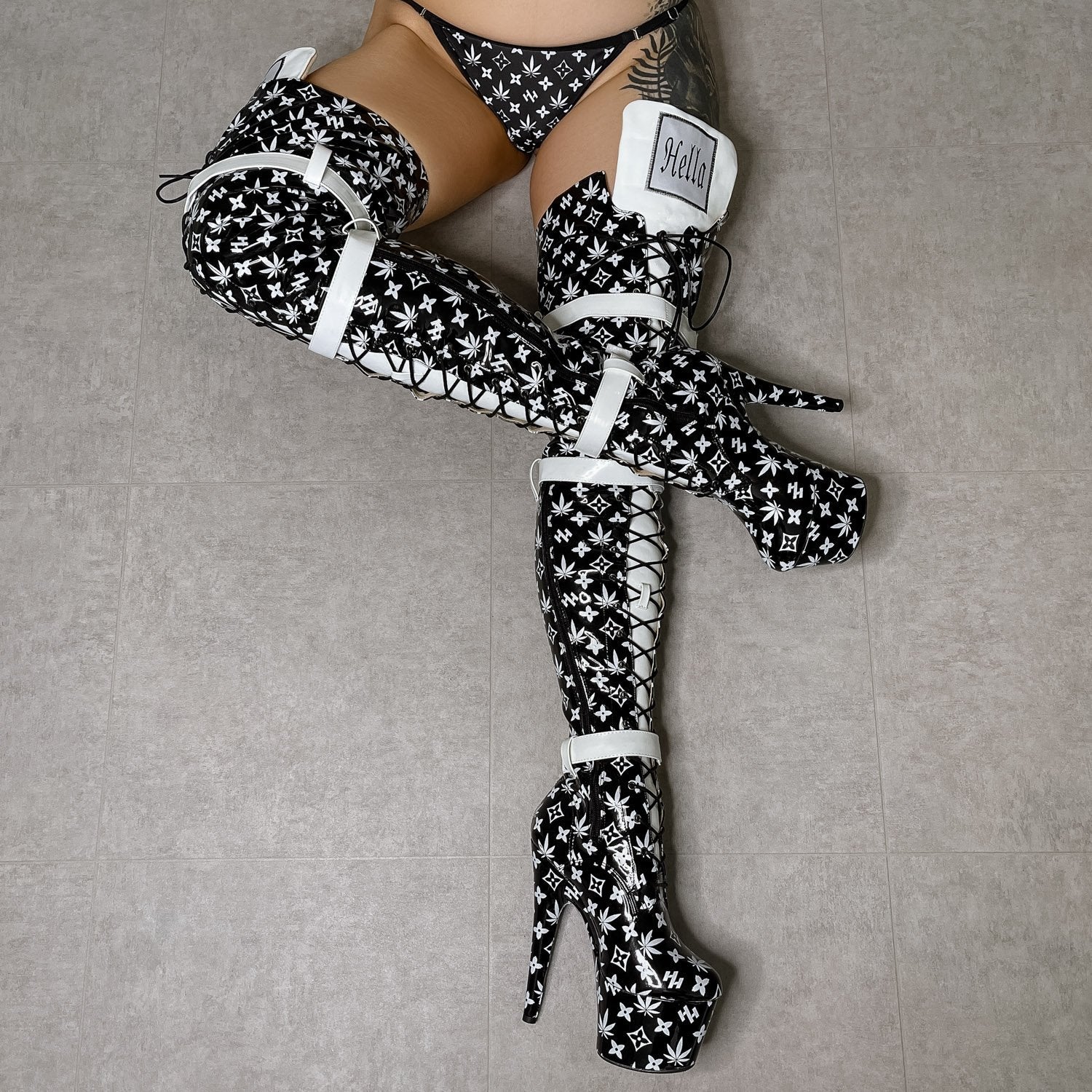 Branded Thigh High - Black - 7 INCH, stripper shoe, stripper heel, pole heel, not a pleaser, platform, dancer, pole dance, floor work