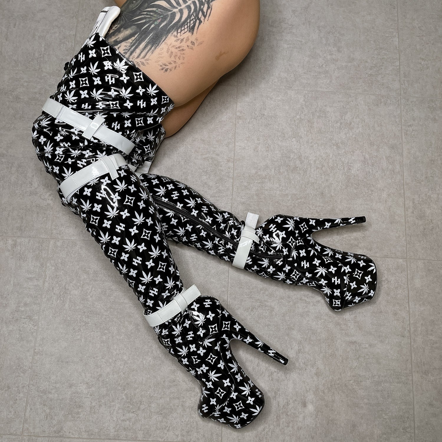 Branded Thigh High Wide Fit - Black - 7 INCH, stripper shoe, stripper heel, pole heel, not a pleaser, platform, dancer, pole dance, floor work