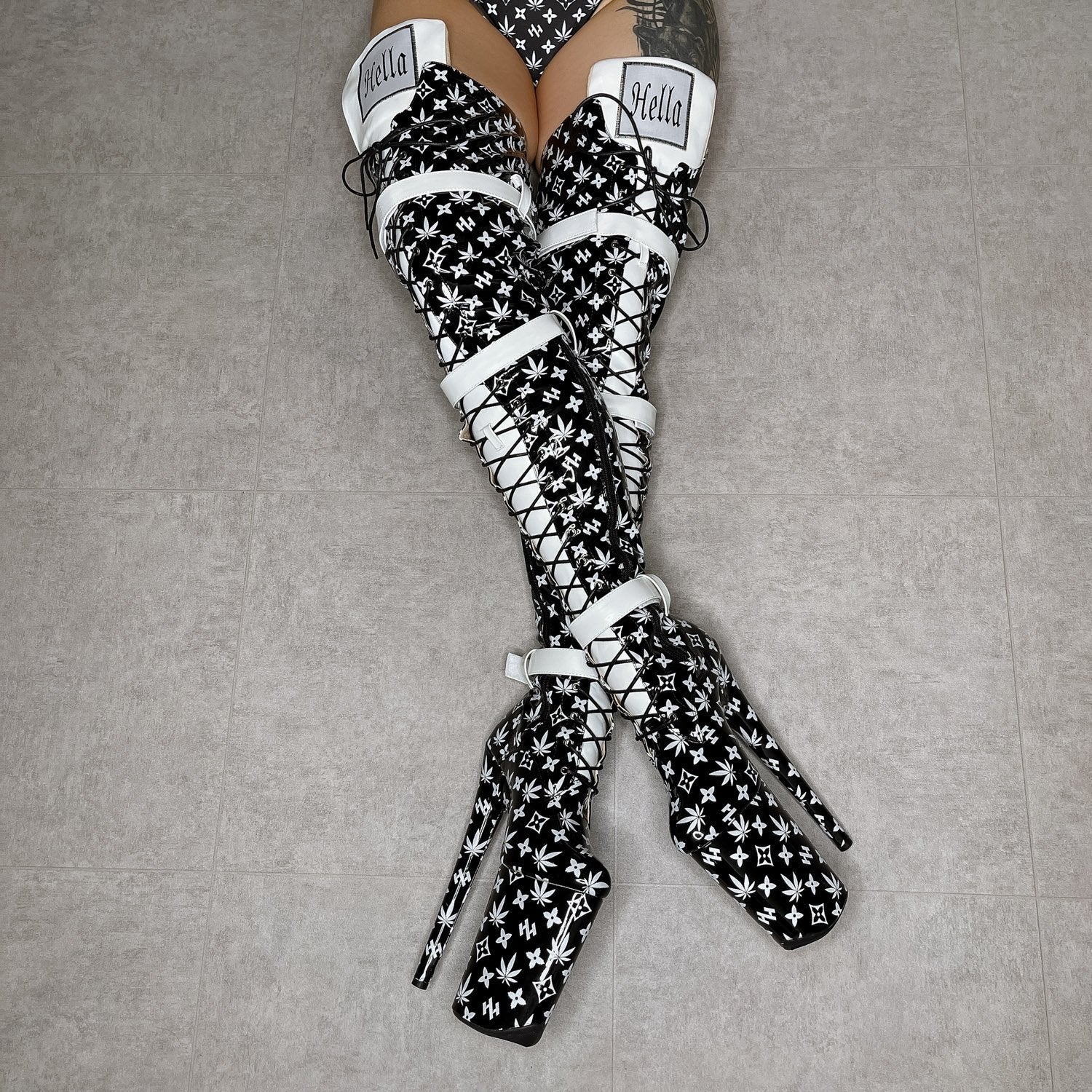 Branded Thigh High - Black - 9 INCH, stripper shoe, stripper heel, pole heel, not a pleaser, platform, dancer, pole dance, floor work