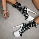 Branded Boot - Black/White - 8 INCH, stripper shoe, stripper heel, pole heel, not a pleaser, platform, dancer, pole dance, floor work