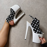 Branded Shield Stiletto - Black/White - 8 INCH, stripper shoe, stripper heel, pole heel, not a pleaser, platform, dancer, pole dance, floor work