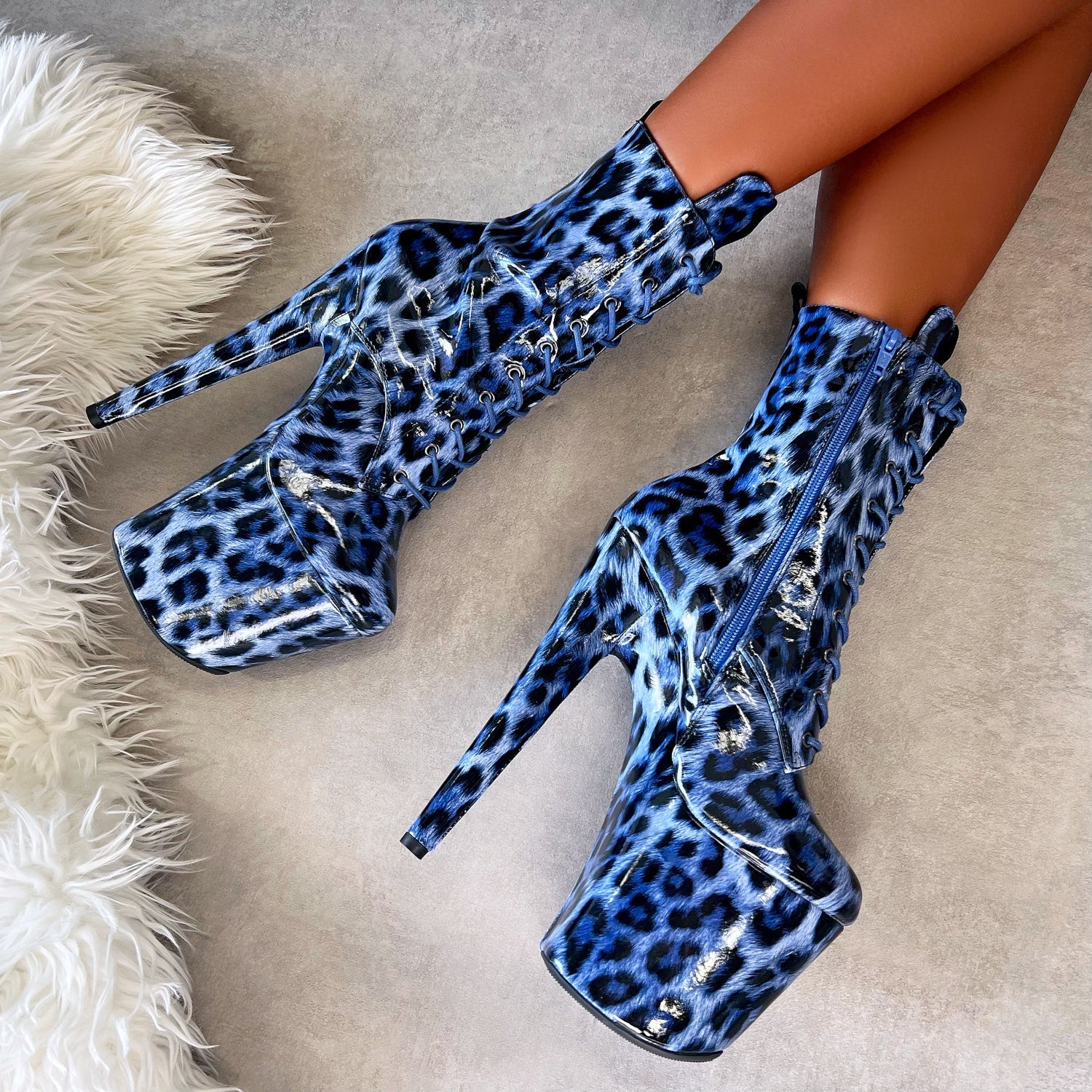 Blue Leopard Boot - 8 INCH, stripper shoe, stripper heel, pole heel, not a pleaser, platform, dancer, pole dance, floor work