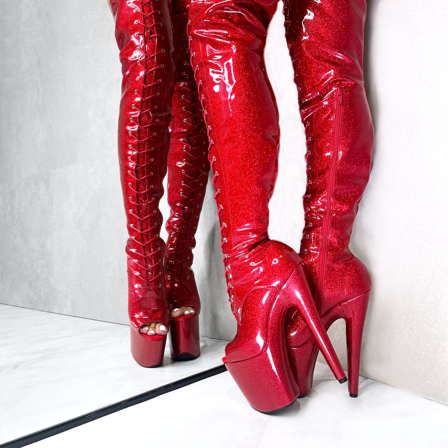 Red thigh high deals boots open toe