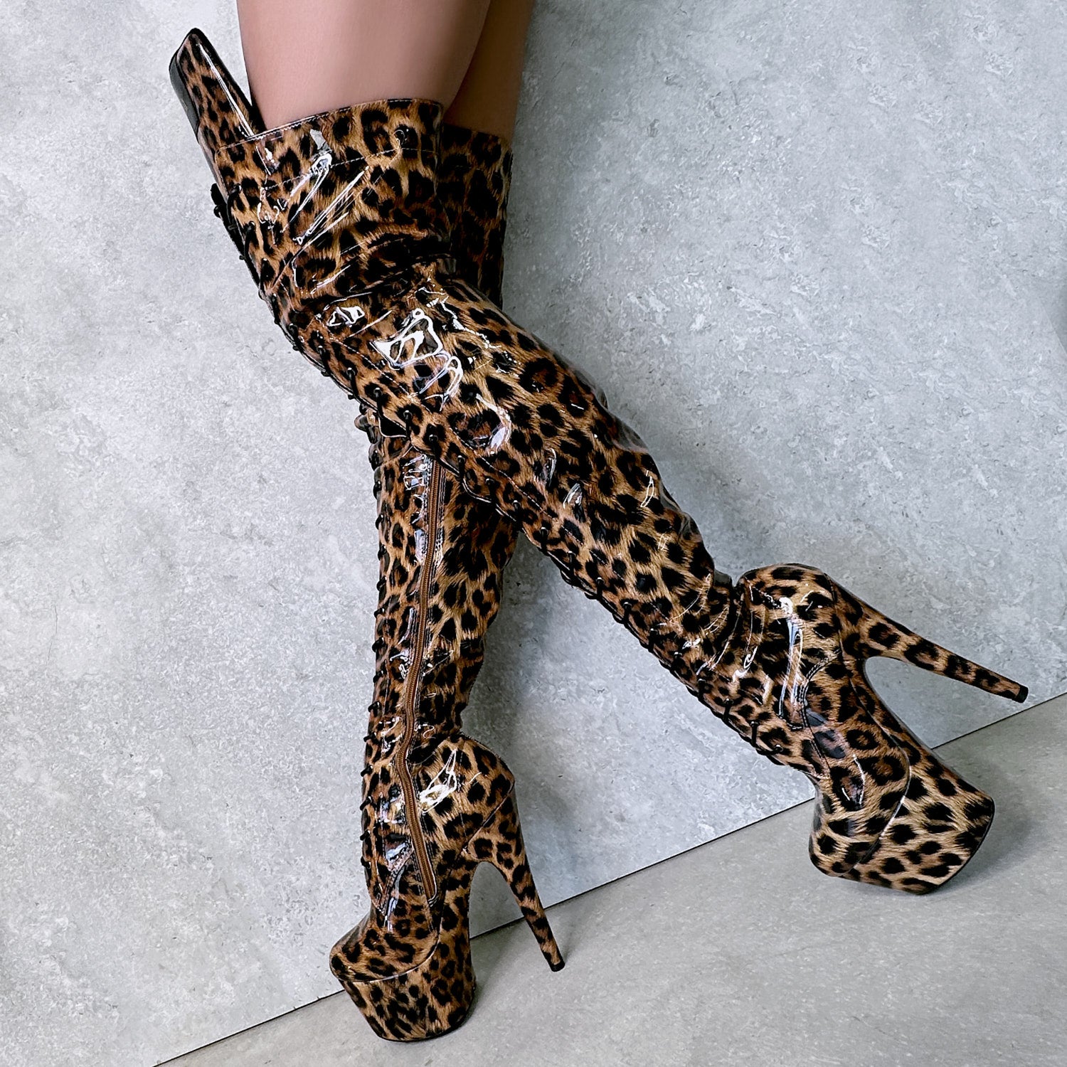 7 Inch Shoes Leopard Thigh High - 7 INCH – Hella Heels US