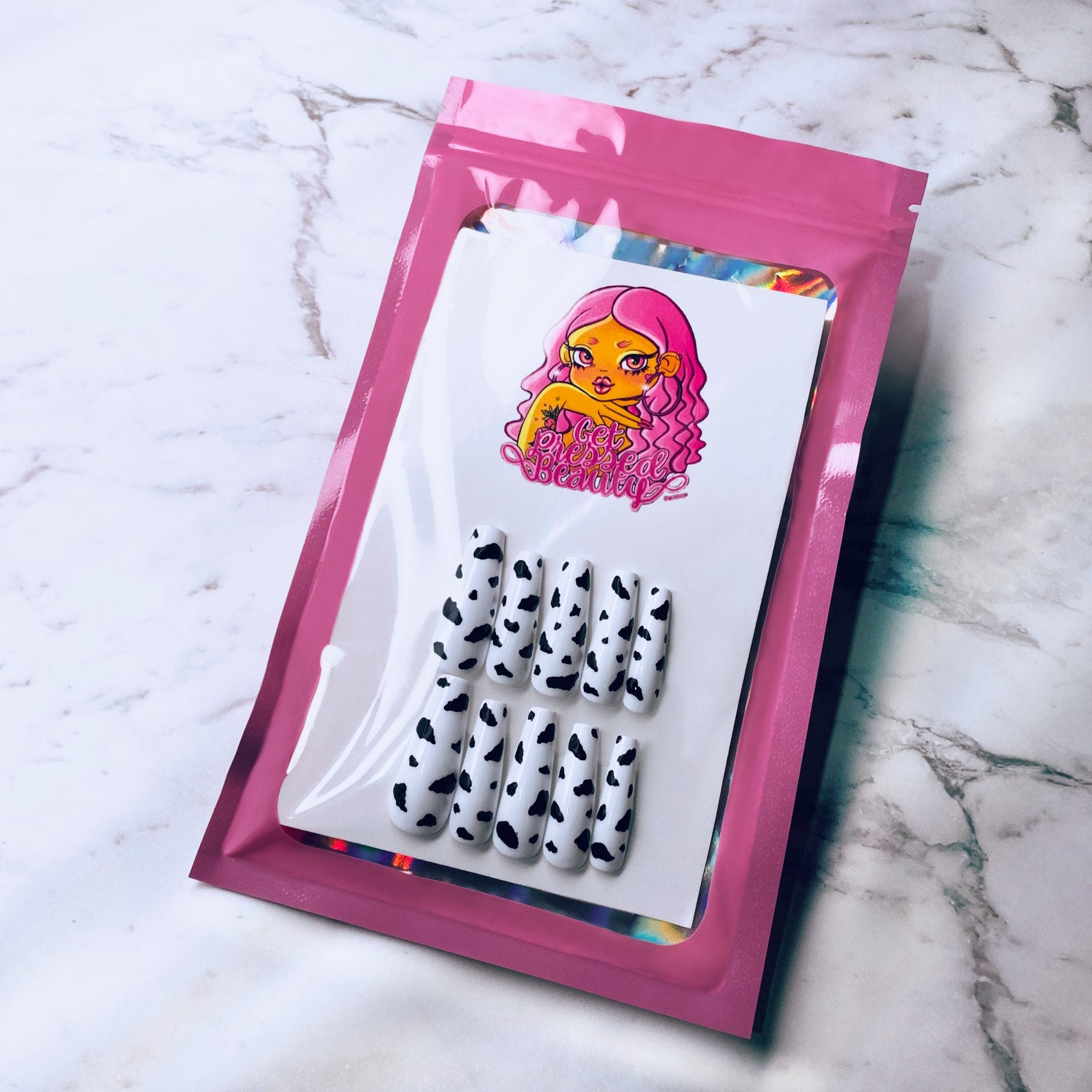 coffin long cow print press on nails 