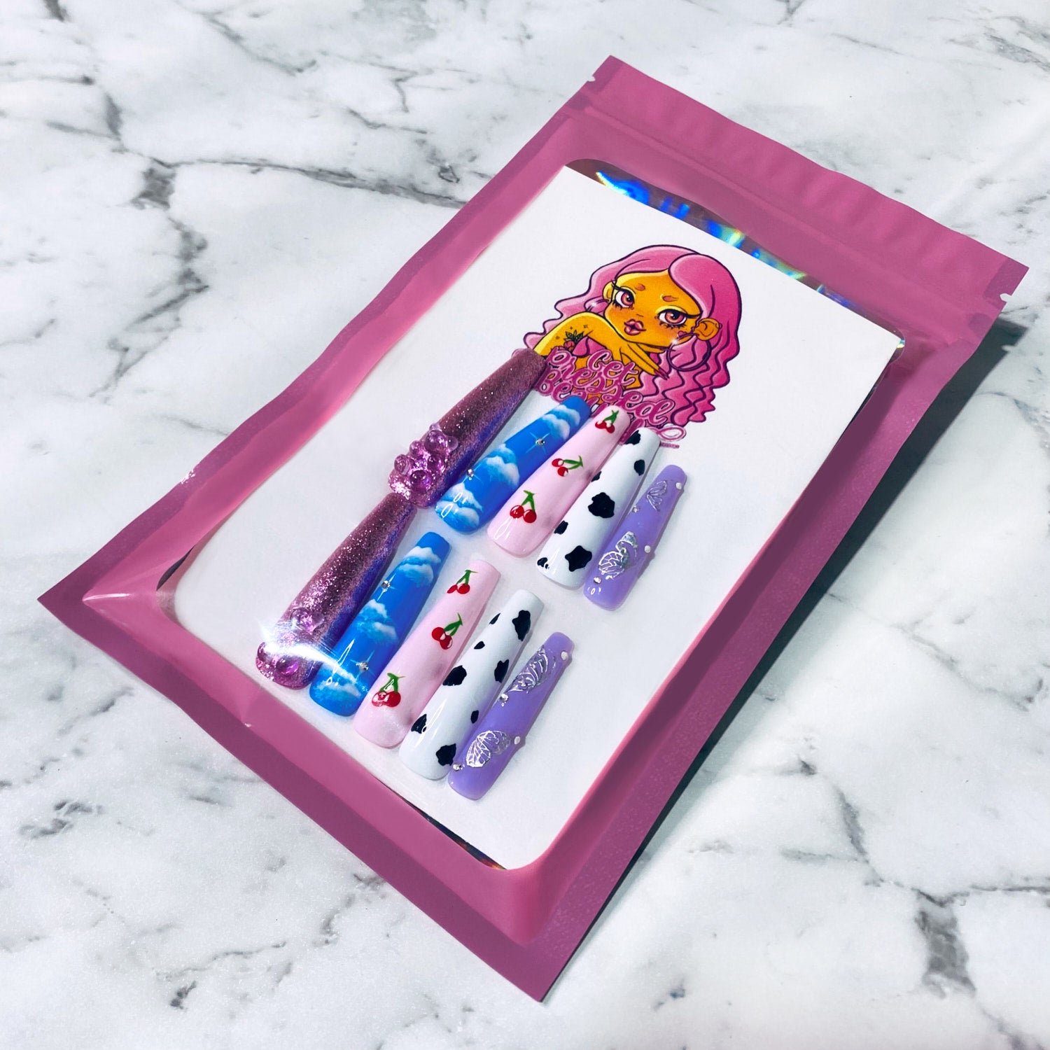 extra long coffin nails pattern butterfly