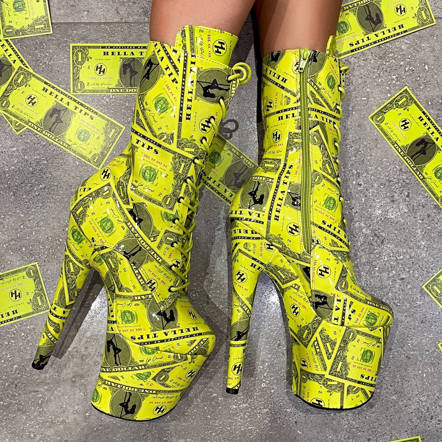 Dancing Dollar$ Boot - Tequila & Lime - 8 INCH, stripper shoe, stripper heel, pole heel, not a pleaser, platform, dancer, pole dance, floor work