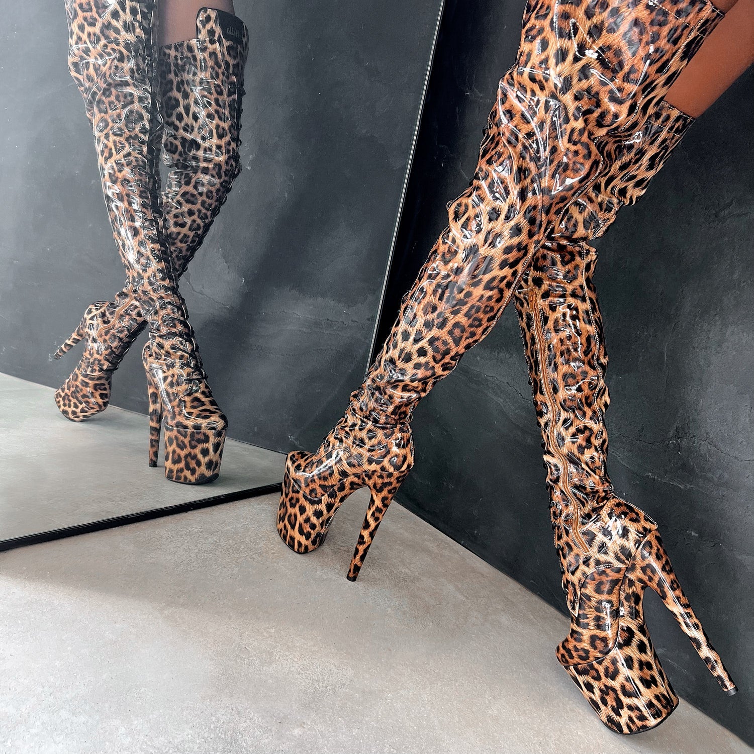 Leopard Thigh High - 8 INCH + SP, stripper shoe, stripper heel, pole heel, not a pleaser, platform, dancer, pole dance, floor work