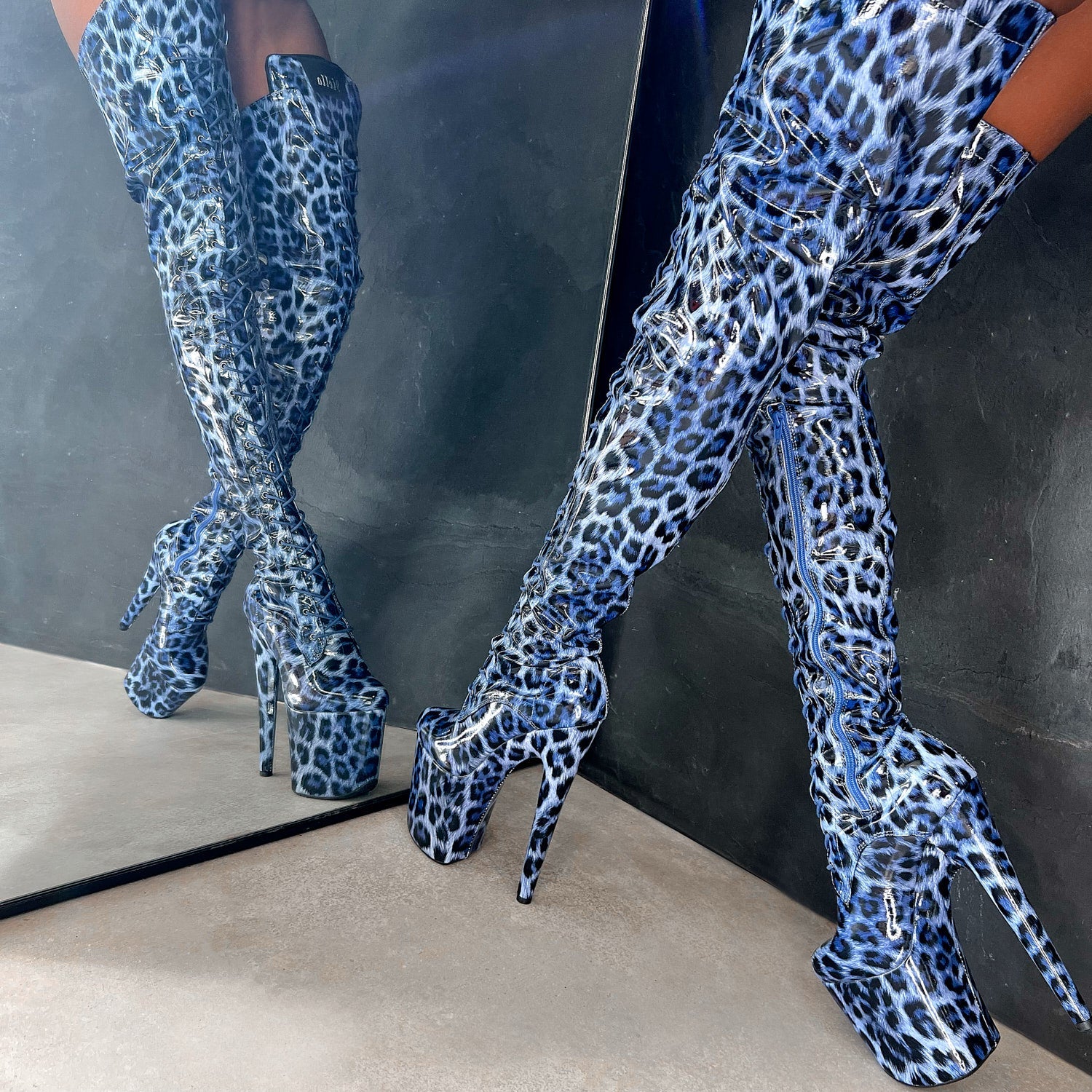 Blue Leopard Thigh High - 8 INCH + SP, stripper shoe, stripper heel, pole heel, not a pleaser, platform, dancer, pole dance, floor work